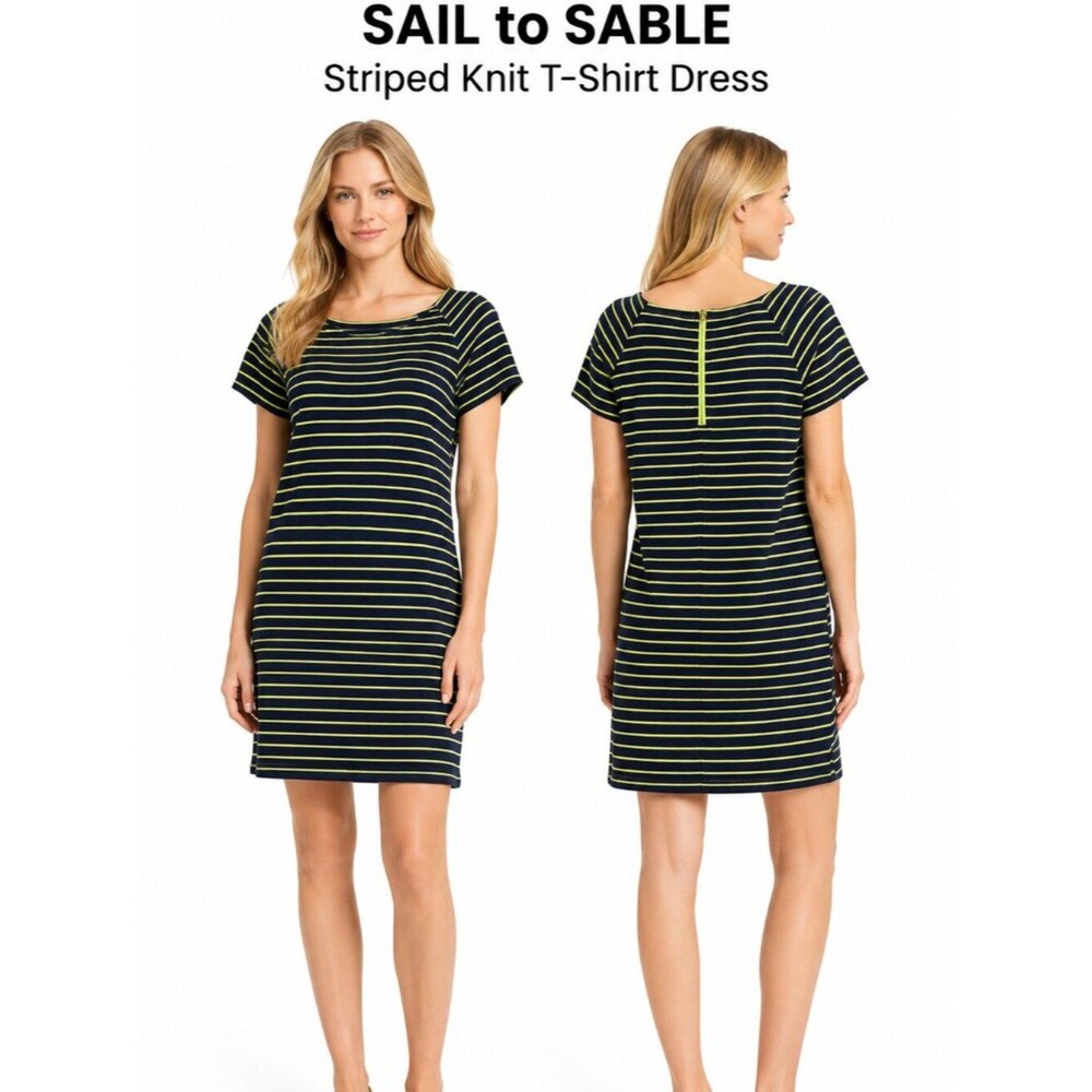 Sail to Sable Striped Knit T Shirt Dress Women Navy Lime Neon Zip XL Casual